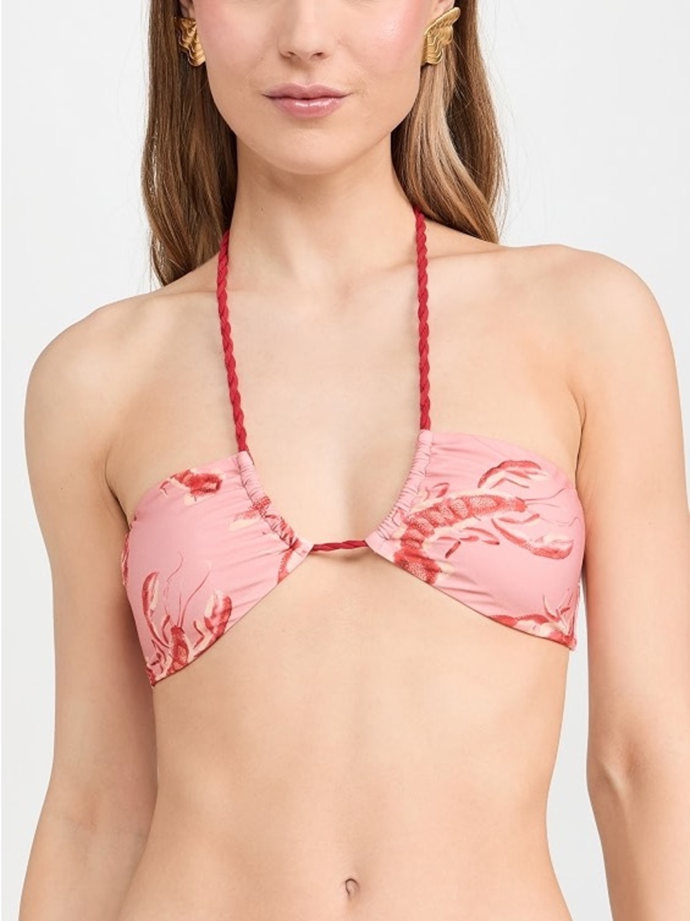 NWT Farm Rio Pink Lobster Print Bandeau Bikini Top Size L Braided Halter Swim - Picture 2 of 9
